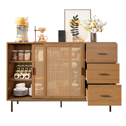 Sideboard 140 cm Natur, Kommode mit Rattan-Schiebetüren
