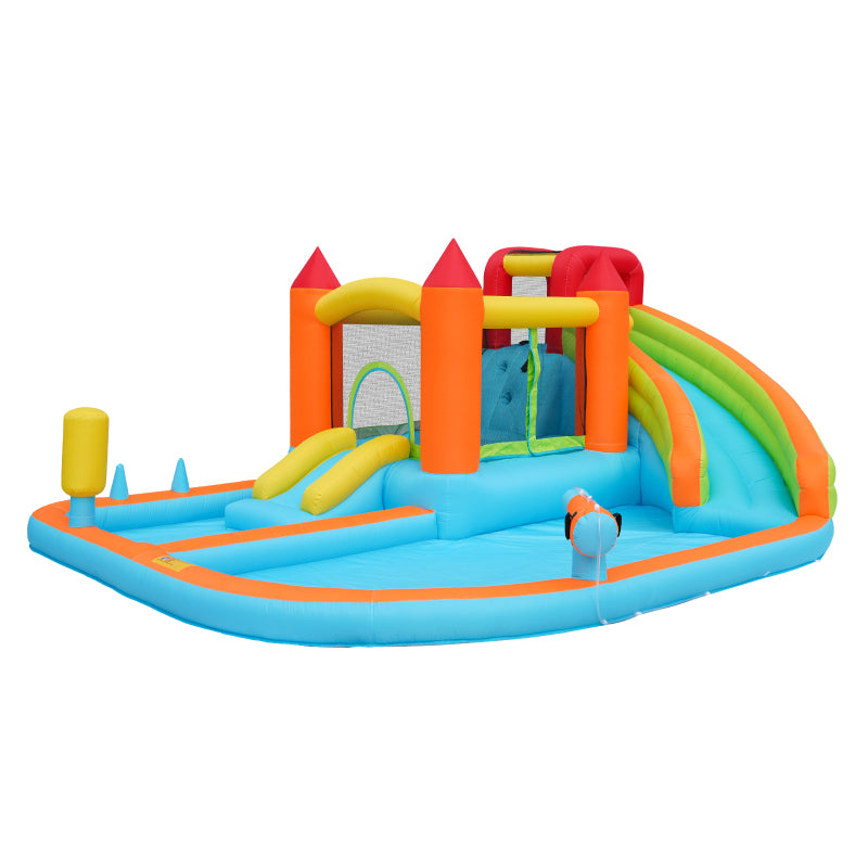 [Multifunktionale Outdoor-Hüpfburg] Mit Gebläse, Wasserrutsche + Trampolin + Basketballkorb + Wasserpistole, 2 Poolbereiche, 1 große und 1 kleine Rutsche, für trockene und nasse Nutzung, ein Wasserpar