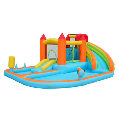 [Multifunktionale Outdoor-Hüpfburg] Mit Gebläse, Wasserrutsche + Trampolin + Basketballkorb + Wasserpistole, 2 Poolbereiche, 1 große und 1 kleine Rutsche, für trockene und nasse Nutzung, ein Wasserpar