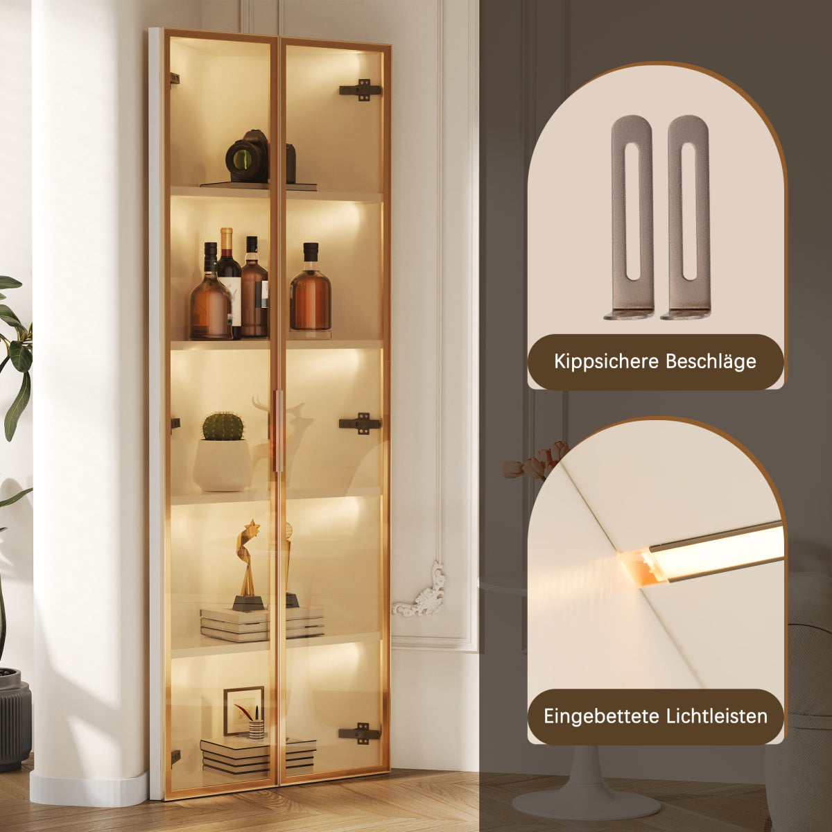 Eckvitrine 62x35x160cm Weiß mit LED – Staubgeschützte Glasvitrine aus Sicherheitsglas & MDF, moderner Eckschrank mit Soft-Close-Türen