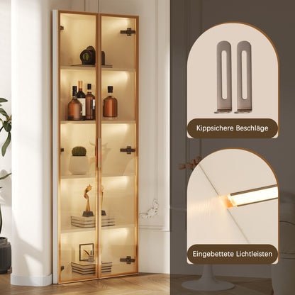 Eckvitrine 62x35x160cm Weiß mit LED – Staubgeschützte Glasvitrine aus Sicherheitsglas & MDF, moderner Eckschrank mit Soft-Close-Türen