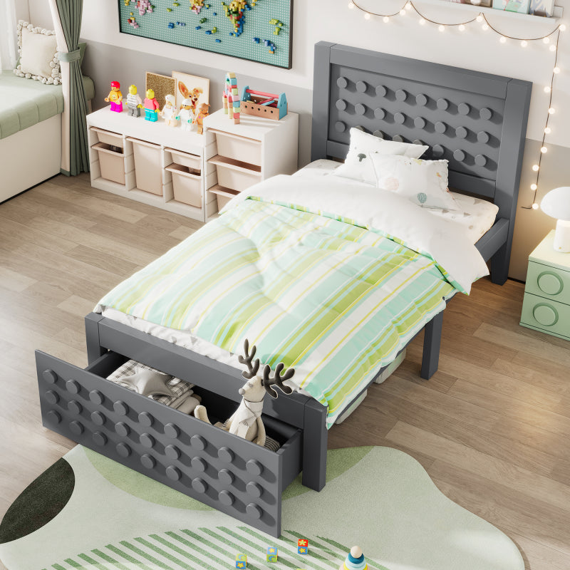 Holzbett Einzelbett 90x200 cm, Kinderbett Jugendbett mit Kreativem Block Design, Massivholz Bettgestell mit Lattenrost, mit Schubladen & Unterm Bett Stauraum, Grau, Ohne Matratze