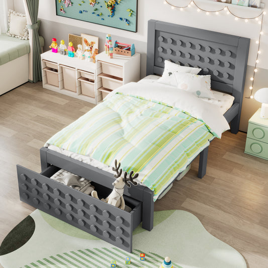 Holzbett Einzelbett 90x200 cm, Kinderbett Jugendbett mit Kreativem Block Design, Massivholz Bettgestell mit Lattenrost, mit Schubladen & Unterm Bett Stauraum, Grau, Ohne Matratze