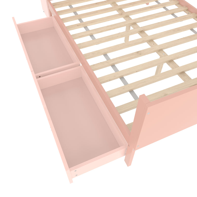 Flachbett, Holzbett, 140x200cm, mit Schreibtisch, ausgestattet mit 2 Schubladen, Doppelbett(Ohne Matratze), mit Regalen, Kiefer + Spanplatte, Rosa