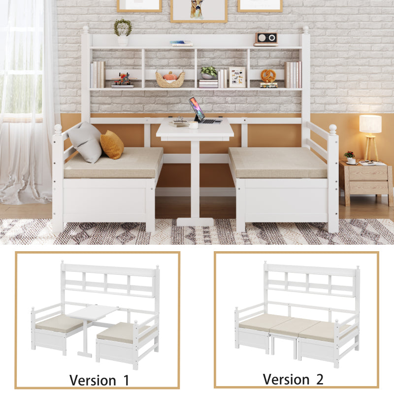Multifunktionales Massivholz Schlafsofa 200x90 cm, 2-in-1 Bett und Schreibtisch, Frei Umbaubar, Mit Bücherregal Zur Aufbewahrung, Mit Bequemen Kissen, Gästebett Einzelholzbett, Weiß