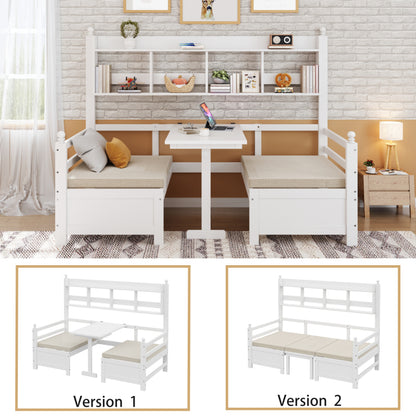 Multifunktionales Massivholz Schlafsofa 200x90 cm, 2-in-1 Bett und Schreibtisch, Frei Umbaubar, Mit Bücherregal Zur Aufbewahrung, Mit Bequemen Kissen, Gästebett Einzelholzbett, Weiß