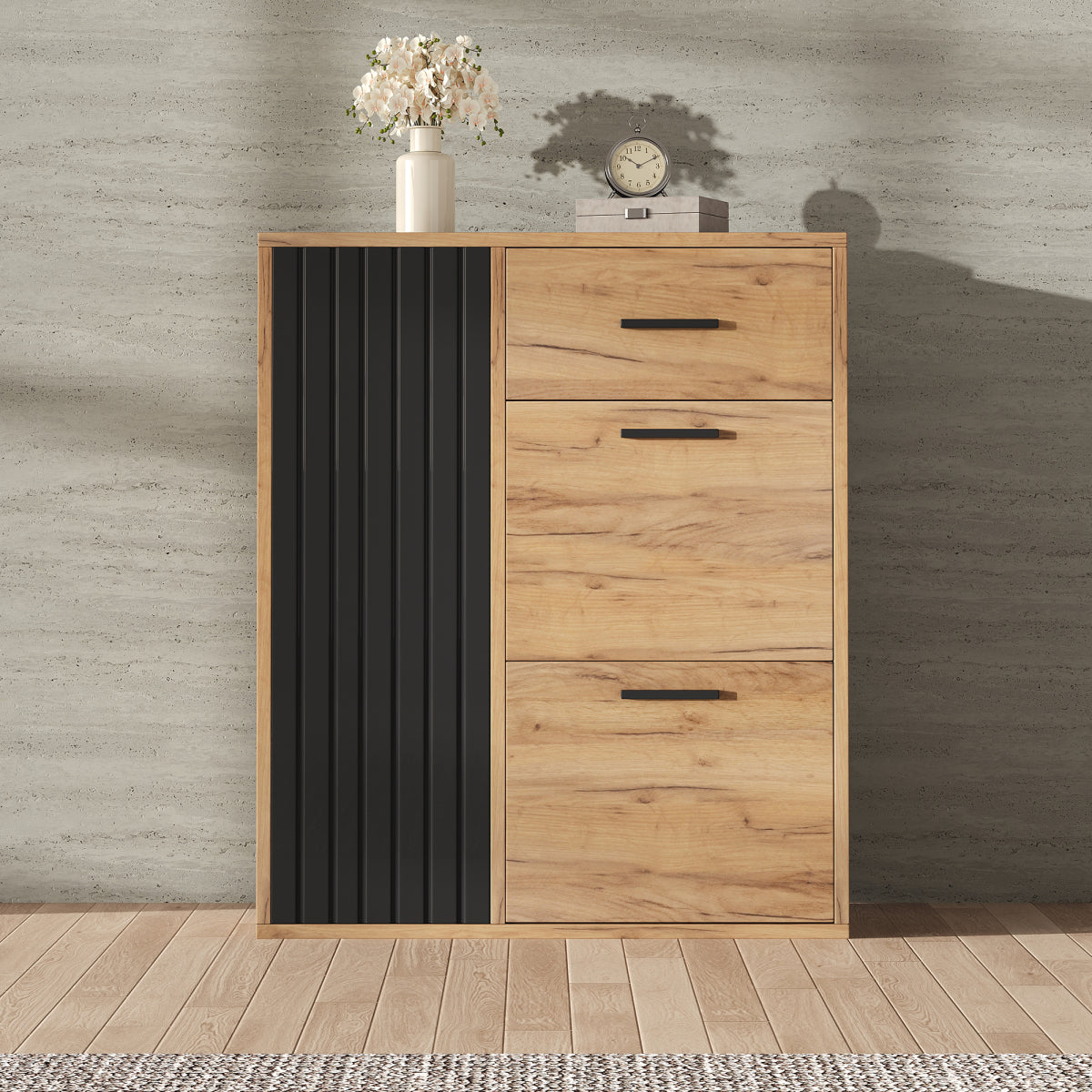 Schuhschrank Schwarz/Natur 80x24x95,5 cm mit 2 Klappen, 1 Tür & Schublade, verstellbare Regale, moderne Griffe