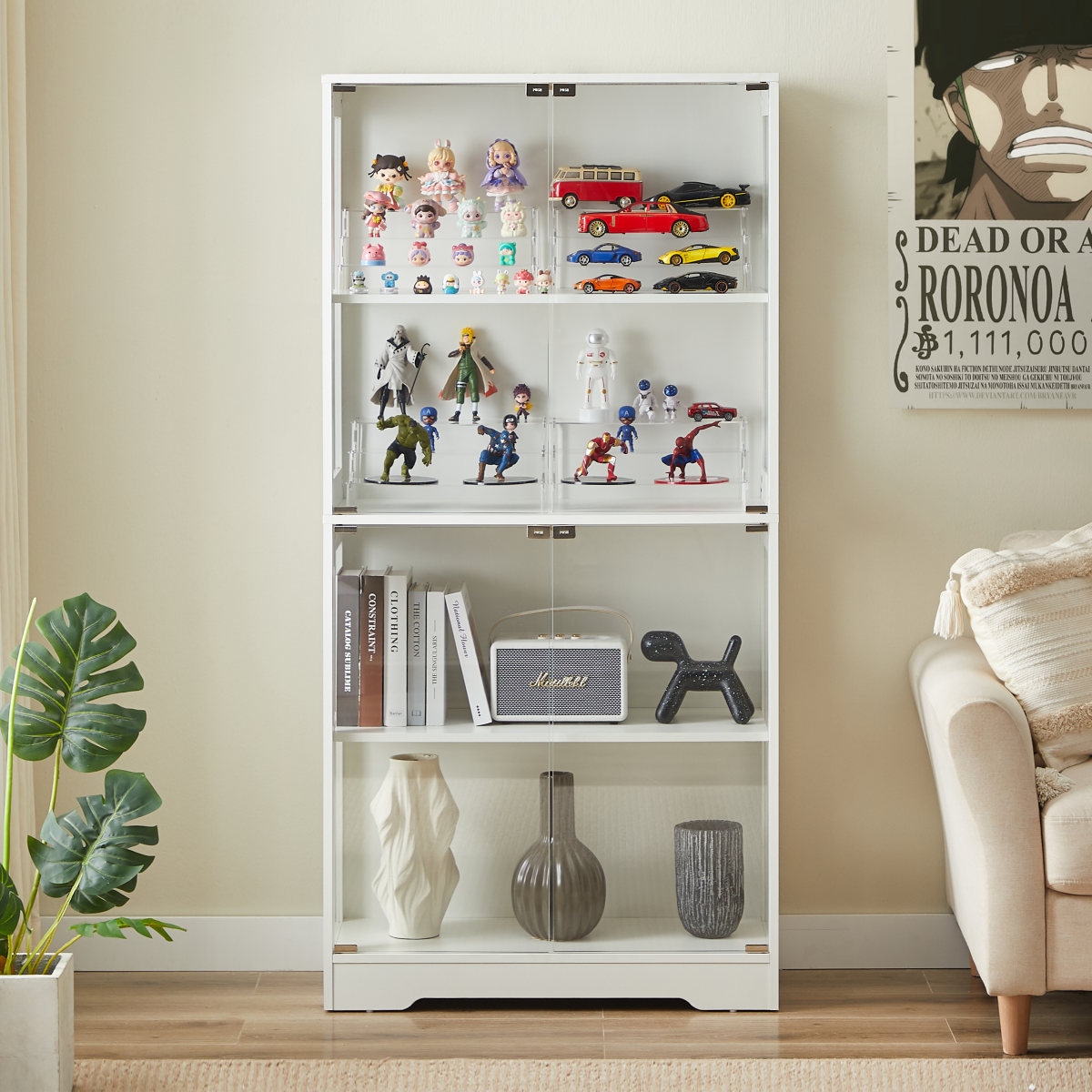 Glasvitrine Weiß 165 cm hoch, Vitrinenschrank mit LED (3 Farben) & Bewegungssensor, 4 verstellbare Böden