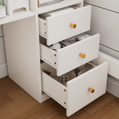 Kinderbett Hochbett mit L-förmigem Schreibtisch, Regalen und Schubladen mit USB/Type-C Ladebereich, Jugend-Einzelbett mit Leiter und Holzlattenrost, 90×200cm, Weiß, ohne Matratze.