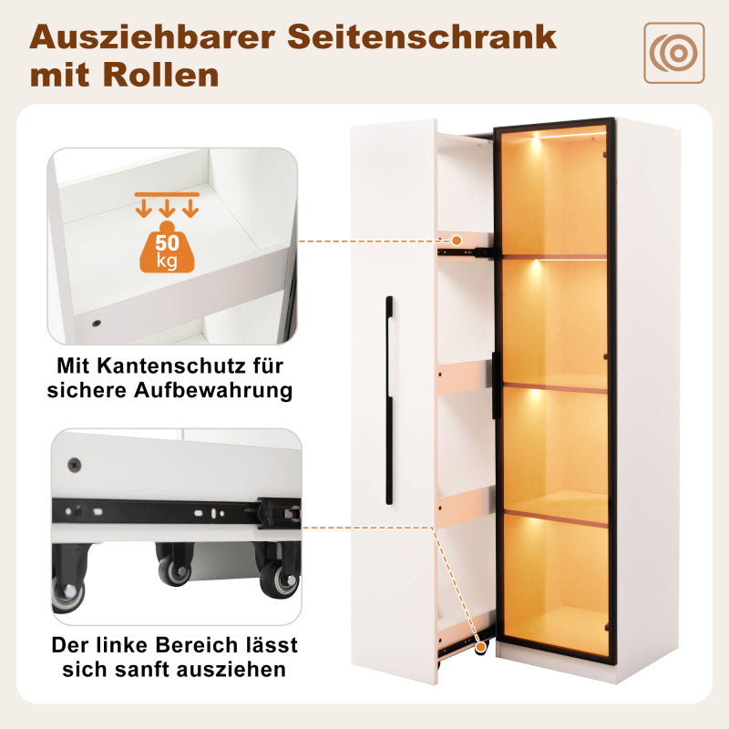Multifunktionsschrank 160 cm hoch – Bücherregal und Vitrine mit Türen aus gehärtetem Glas, Türrahmen aus Aluminium, 1 Tür, 1 seitliche Schublade, mit Rollen und LED-Beleuchtung – Vitrine, Esszimmersch