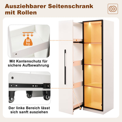 Multifunktionsschrank 160 cm hoch – Bücherregal und Vitrine mit Türen aus gehärtetem Glas, Türrahmen aus Aluminium, 1 Tür, 1 seitliche Schublade, mit Rollen und LED-Beleuchtung – Vitrine, Esszimmersch
