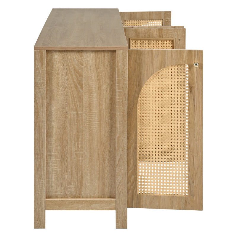 Modernes Sideboard im minimalistischen Stil 4-Rattantür, Metallgriff einfaches Buffetschrank für Esszimmer, Wohnzimmer, Küche (Naturholz)