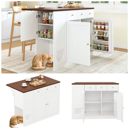 Kücheninsel, Küchenwagen & Sideboard mit Schubladen, Gewürzregal, Haustierfressbereich (ohne Katzensteller), Weiß + Nussbaumfarbe