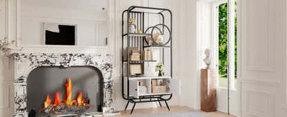 80 x 30 x 180 cm Metallregal, weißer Lagerschrank mit Doppeltür, drei Regalböden, schwarzes Metallregal, hohe Metallfüße, runde Dekoration, weiß + schwarz