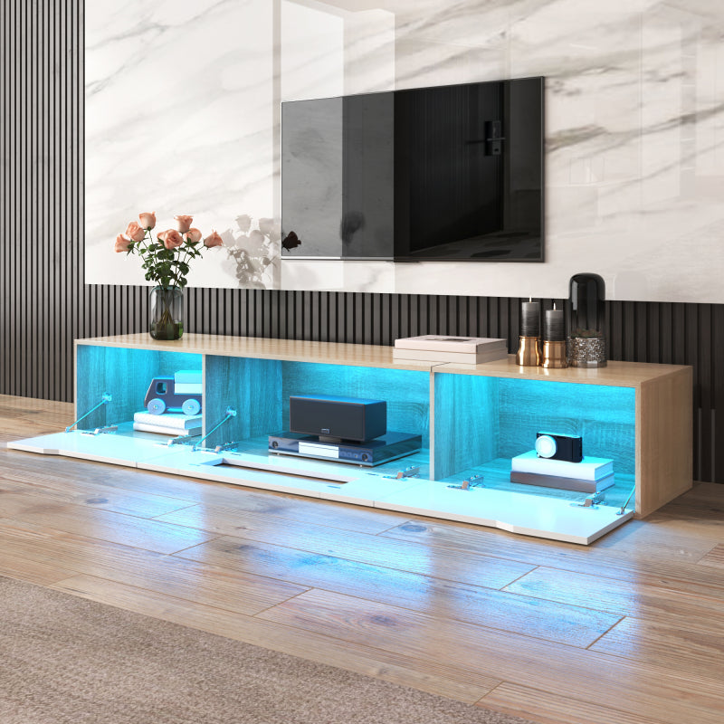 TV-Schrank, Hochglanz-TV-Schrank, farblich passend zu Hochglanz-Weiß und Holzfarbe, mit farbwechselndem LED-Licht.