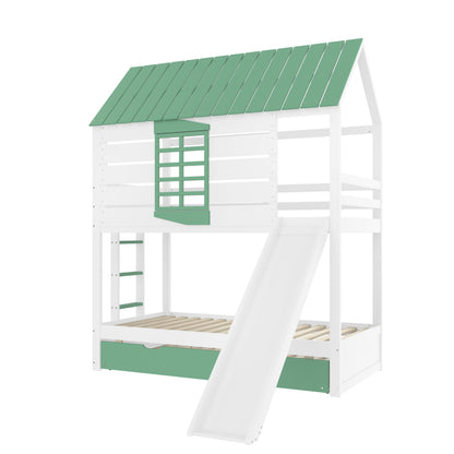 90X200 Haus-Etagenbett mit Rutsche und Ausziehbett, Weiß+Grün