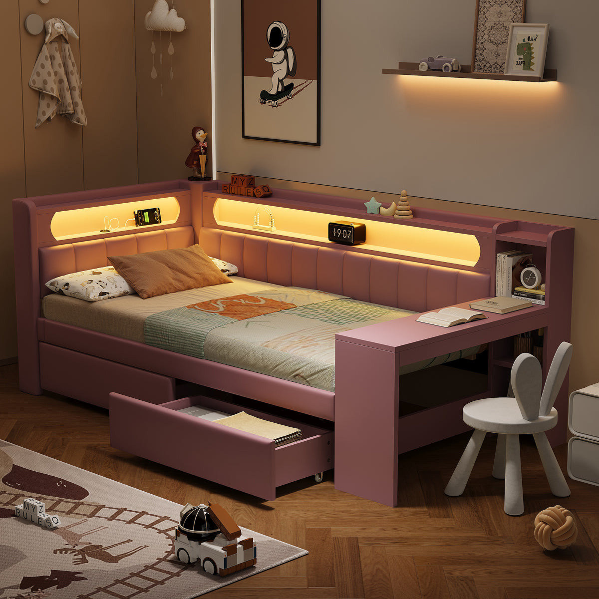 Daybed 90x200, Rosa, USB, LED-Beleuchtung, Schreibtisch & 2 Schubladen