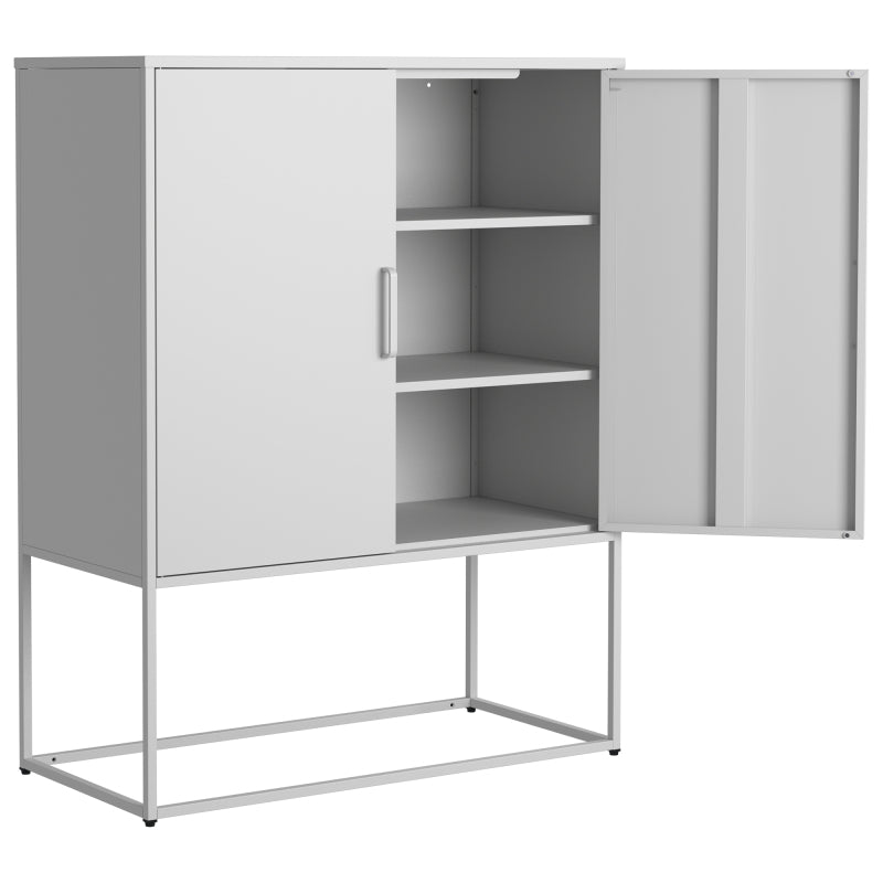Metall-Sideboard,Lagerschrank– 2 Regale, Freistehender Stahlschrank, Magnettüren, Anti-Kipp-Sicherung, Wohnzimmer, Küche, Büro, Weiß, H 109 cm × B 85 cm × T 40 cm