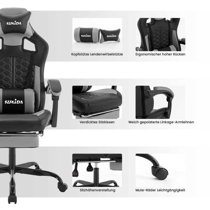 Gaming Stuhl, Ergonomischer Gaming-Stuhl mit Fußstütze, Racing Gaming Chair Kopfstütze Verstellbarer Computerstuhl Höhenverstellbar Lendenwirbelstütze für Homeoffice und Gaming Gray