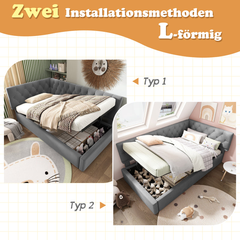 Polsterbett Tagesbett Daybett 90x200cm, Schlafsofa mit hydraulischem Stauraum, Kinderbett Jugendbett Bettgestell mit Lattenrost aus Holz, Samt, Grau, ohne Matratze.
