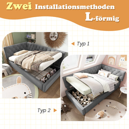 Polsterbett Tagesbett Daybett 90x200cm, Schlafsofa mit hydraulischem Stauraum, Kinderbett Jugendbett Bettgestell mit Lattenrost aus Holz, Samt, Grau, ohne Matratze.