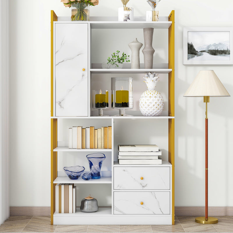 Bücherregal, 6 Regal Bücherregal mit mit Türen und  Schubladen industrielle Bücherregal, Stahlregal, weiß marmoriert mit Goldrahmen