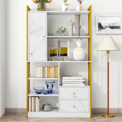 Bücherregal, 6 Regal Bücherregal mit mit Türen und  Schubladen industrielle Bücherregal, Stahlregal, weiß marmoriert mit Goldrahmen