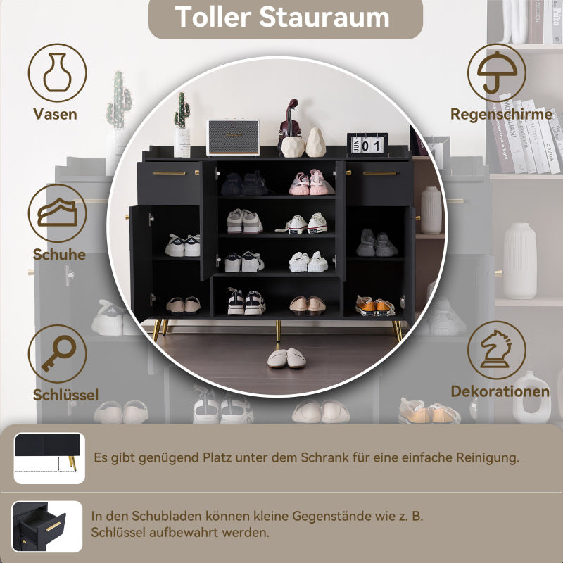 Schuhschrank, Schuhregal mit 2 Schubladen und 4 Türen, Metallfüße, schwarz