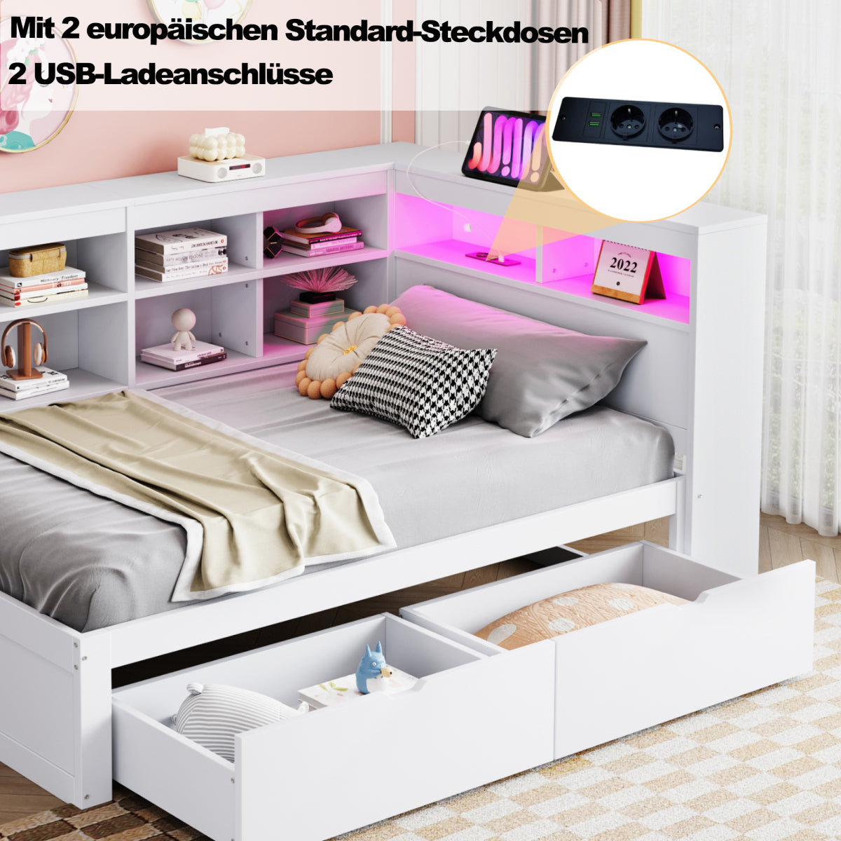 Massivholz-Einzelbett 90x200 Weiß mit LED & USB-Steckdose - Multifunktionales Schlafsofa mit Regalen, Ablagefächern & viel Stauraum, Weiß