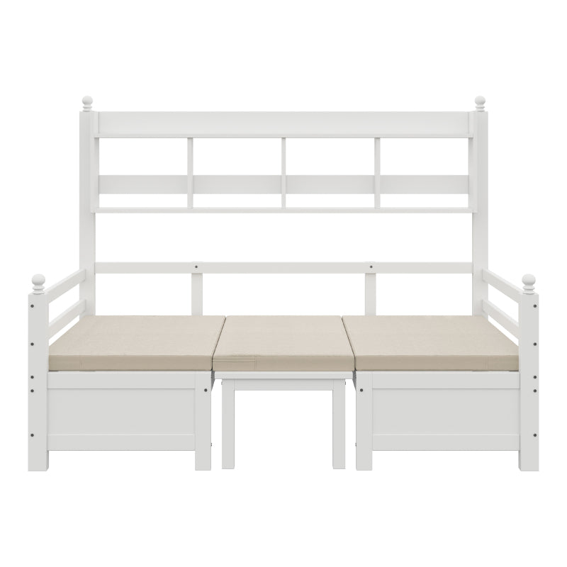 Multifunktionales Massivholz Schlafsofa 200x90 cm, 2-in-1 Bett und Schreibtisch, Frei Umbaubar, Mit Bücherregal Zur Aufbewahrung, Mit Bequemen Kissen, Gästebett Einzelholzbett, Weiß