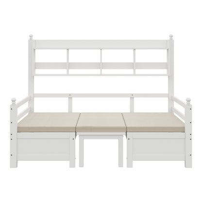 Multifunktionales Massivholz Schlafsofa 200x90 cm, 2-in-1 Bett und Schreibtisch, Frei Umbaubar, Mit Bücherregal Zur Aufbewahrung, Mit Bequemen Kissen, Gästebett Einzelholzbett, Weiß