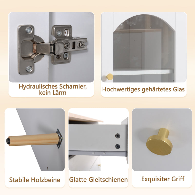 Sideboard mit 3 Schubladen und 3 gebogenen Türen mit breitem Schrank aus gehärtetem Glas für Buffettische in Küchen und Esszimmern, weiß und natur