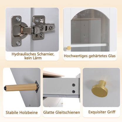 Sideboard mit 3 Schubladen und 3 gebogenen Türen mit breitem Schrank aus gehärtetem Glas für Buffettische in Küchen und Esszimmern, weiß und natur
