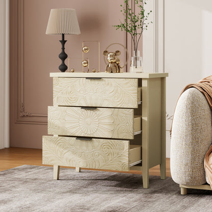 Kommode 80x80 cm Weiß, Anrichte mit 3 Schubladen in 3D-Holzoptik, Sideboard mit Bodengleitschienen & Kippsicherung