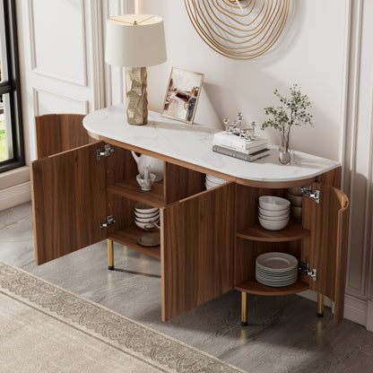 Moderner Bogenförmiger Sideboard mit verstellbaren Regalen und Metallbeinen, ideal für Wohnzimmer und Esszimmer (Nussbaum)