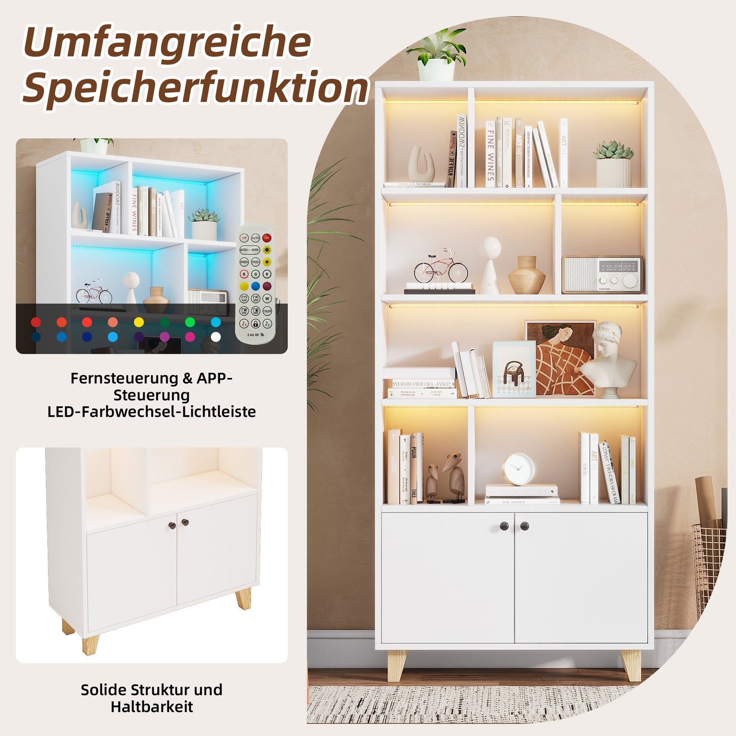 Bücherregal, LED-Farbwechsel-Ambientelicht, Fernbedienung, einfache Form,weiß