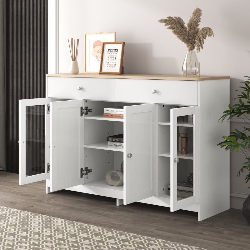 Sideboard mit weißer Holzmaserung, vier Türen, mit zwei Schubladen, Tür mit Glas. Wohnzimmer, Esszimmer. Holzfarbe und Weiß