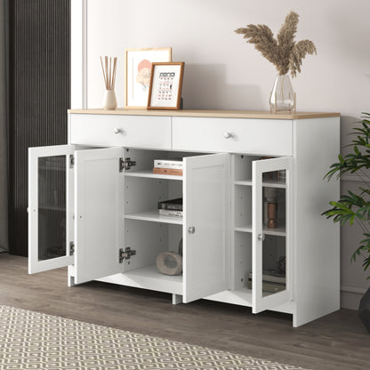 Sideboard mit weißer Holzmaserung, vier Türen, mit zwei Schubladen, Tür mit Glas. Wohnzimmer, Esszimmer. Holzfarbe und Weiß