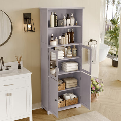 57.5 x 28.5 x 160cm Badezimmer-Hochschrank mit Stauraum, feuchtigkeitsbeständige Farbe, Glasschranktür, Holzschranktür, zwei offene Ablagefächer, verstellbare Trennwände, einfache Textur, Grau