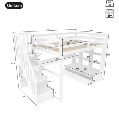 140x200 Hochbett mit Schreibtisch und Regalen, zwei integrierten Schubladen, Stauraumtreppe, weiß