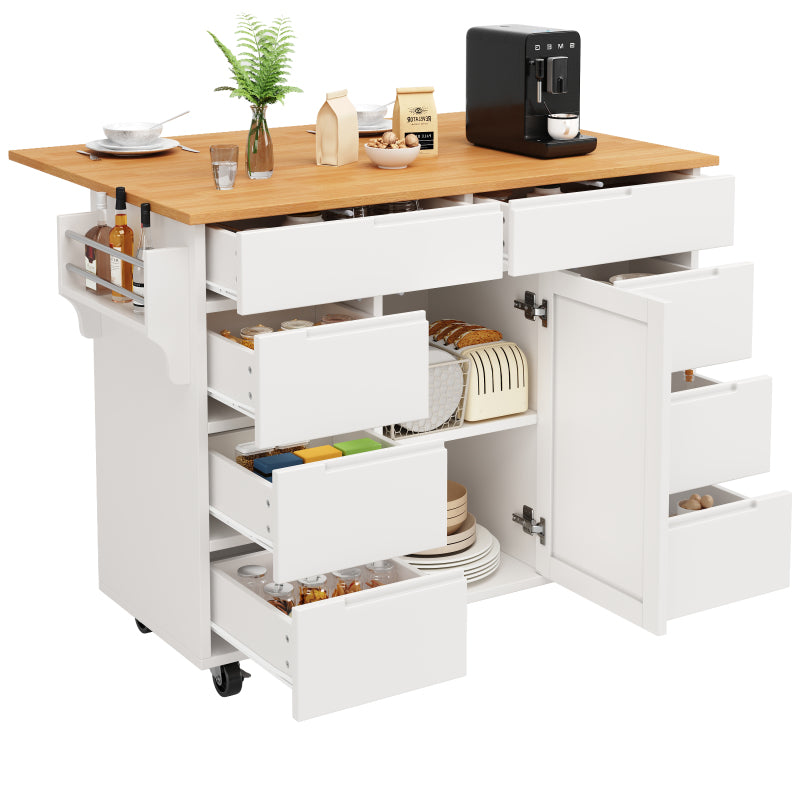 Moderne Kücheninsel, Küchenschrank, Ausziehbarer Küchenwagen mit Rollen und Arbeitsplatte, Servierwagen mit Gewürzregal und 8 Schubladen, weiß