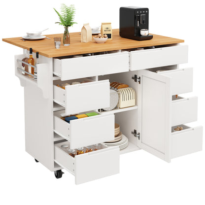 Moderne Kücheninsel, Küchenschrank, Ausziehbarer Küchenwagen mit Rollen und Arbeitsplatte, Servierwagen mit Gewürzregal und 8 Schubladen, weiß