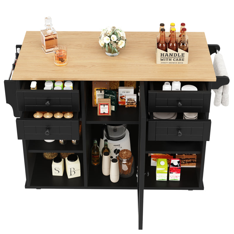 Moderne Kücheninsel (127×46×91,5cm) Küchenschrank Essschrank mit Holzmaserung Esswagen mit multifunktionalem Stauraum und herausnehmbaren Trennwänden, schwarz