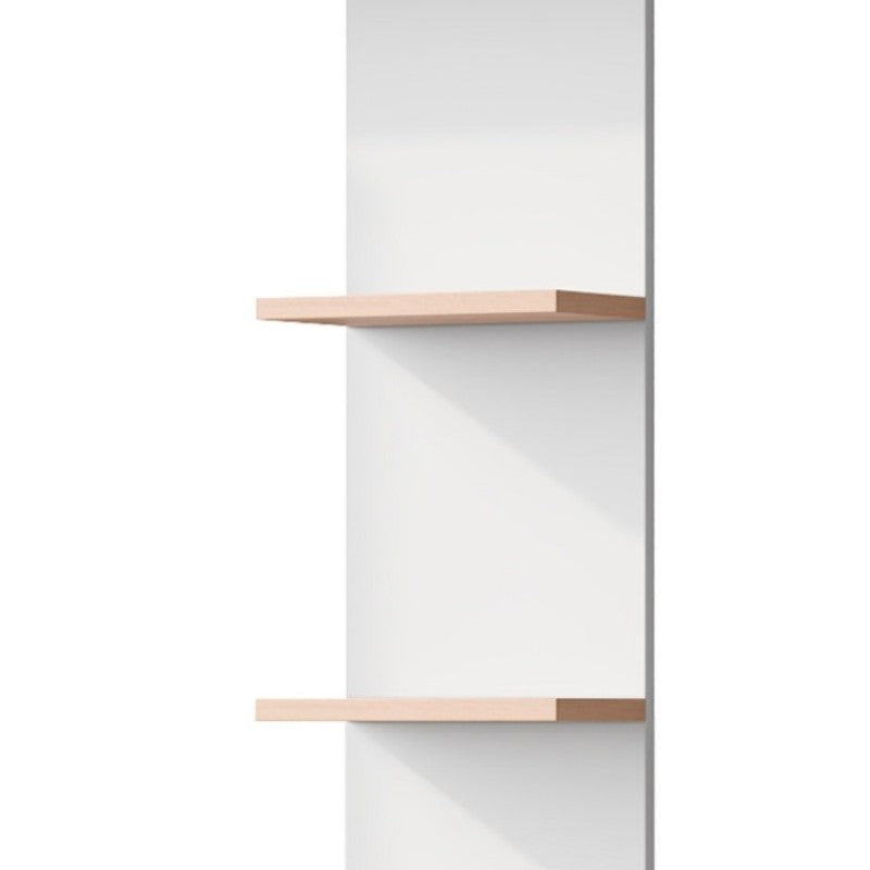 Arbeitstisch/Schreibtisch mit Aufbewahrung – Weiß mit Stabholzkontrast, unterer Schrank mit Türen und oberes offenes Regal, Büro-Design