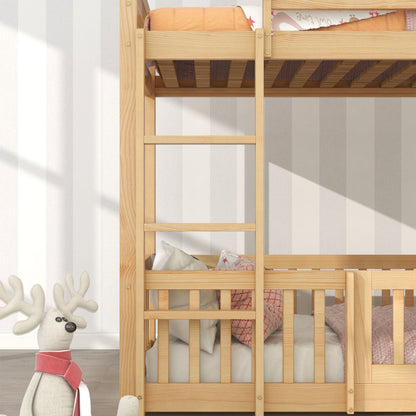 Etagenbett mit rechtwinkliger Treppe, Bett mit Zäune und Türchen, Kinderbett mit Fallschutz und Gitter, Massivholz, natur (200x90cm)