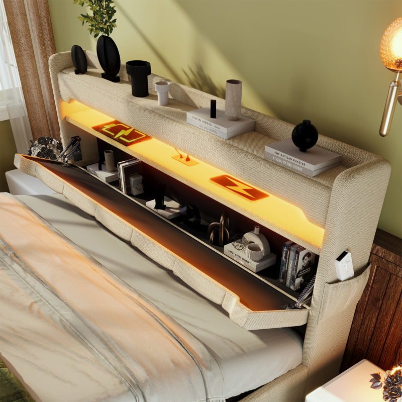 Polsterbett Doppelbett 160*200, Stauraum Kopfteil mit USB und Typ C-Port ,360-Surround-LED-Funktion rund um Kopf- und Fußende des, Betten mit Hydraulisch Stauraum, Beige , Leinen(Ohne Matratze)