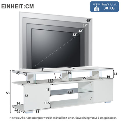 Moderner Low-Panel-Hochglanz-TV-Ständer mit LED-Beleuchtung, TV-Panel, TV-Glasschrank für 60-Zoll-Fernseher, Tische, universelle Gaming-Medienständer, Stauschränke und große Stauräume, Reinweiß