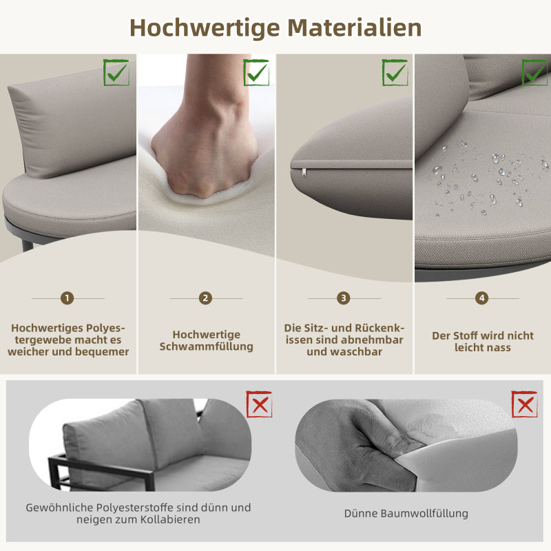 Gartenmöbel-Set (5-Sitzer), 2 Couchtische aus gehärtetem Glas, verzinkter Eisenrahmen, bequeme Gartenmöbel mit grauen Sitzpolstern und Kissen, mit verstellbaren Beinen, elegantes abgerundetes Sofa