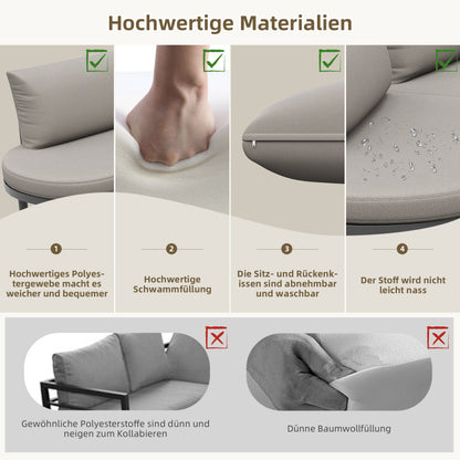Gartenmöbel-Set (5-Sitzer), 2 Couchtische aus gehärtetem Glas, verzinkter Eisenrahmen, bequeme Gartenmöbel mit grauen Sitzpolstern und Kissen, mit verstellbaren Beinen, elegantes abgerundetes Sofa