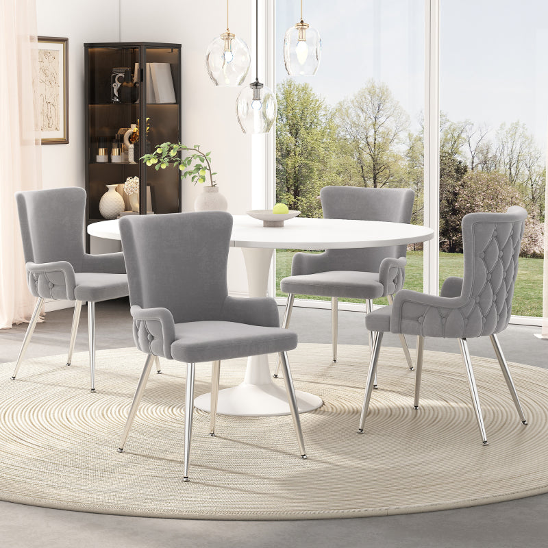 Samt-Esszimmerstuhl, 2er-Set, luxuriöser Wohnzimmer-Schlafzimmer-Loungesessel mit vier silberfarbenen Metallstützbeinen, Grau[OLD SKU:N634P184684G]